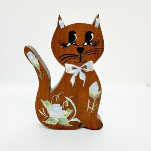 Vintage Handmade Wood Cat Painted Cottagecore Country Farm Floral